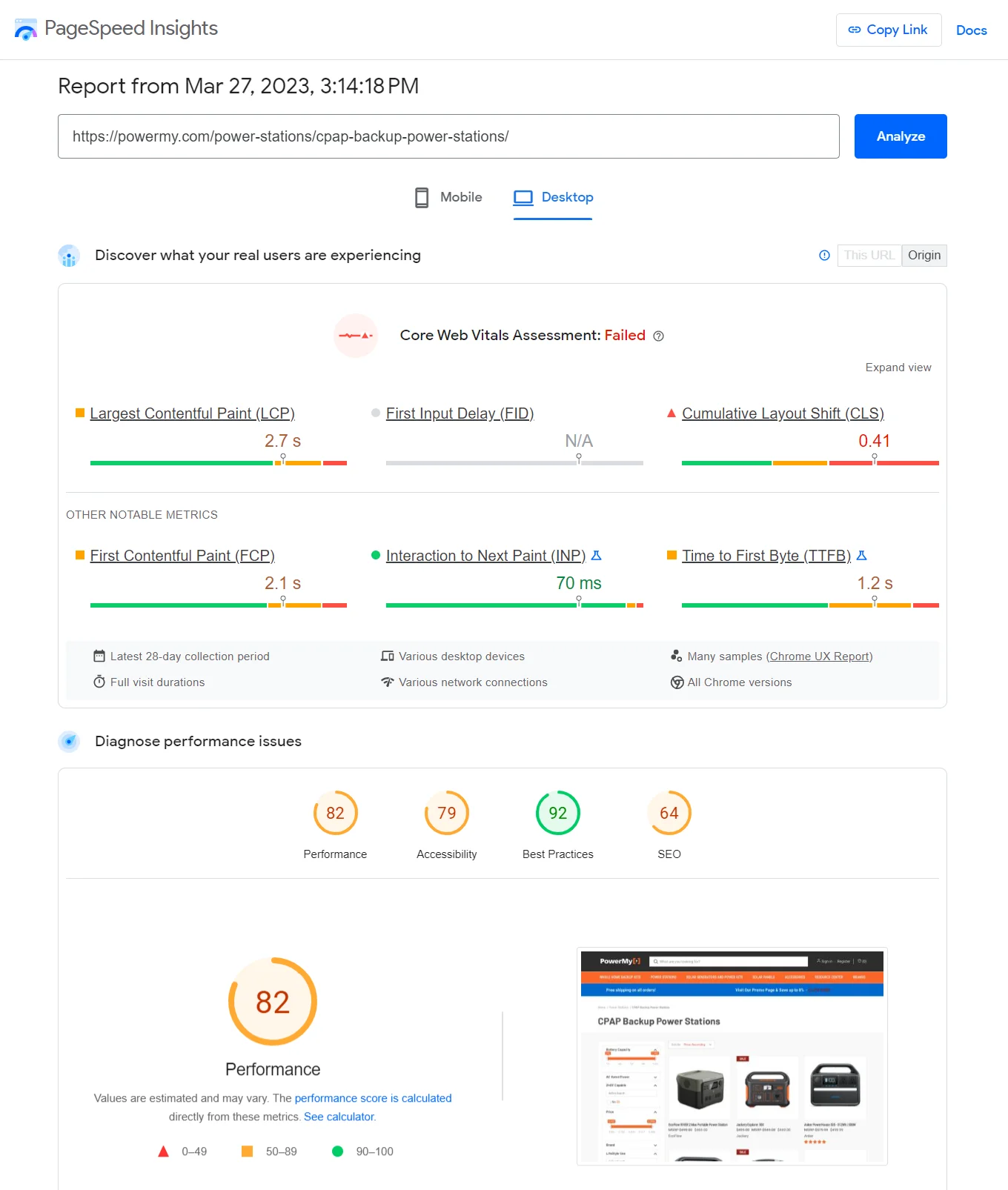 PageSpeed Insights Desktop report showing a performance score of 82.